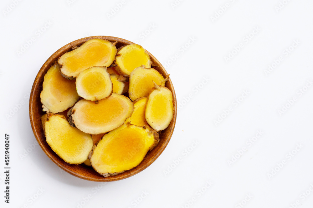 Phlai slices, Cassumumr ginger or zingiber montanum on white background. Phlai slices, Cassumumr ginger or zingiber montanum on white background.