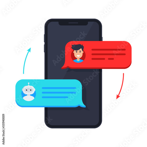 Chatbot icon. Man chatting with chat bot on smartphone. Sms bubbles on mobile phone screen. Chat messages notification on phone. Vector modern cartoon illustration