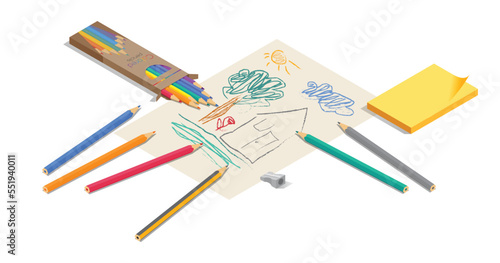 Set of  pencils outside their boxes and paper. Vector
