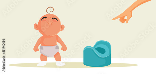 Mother Pointing to a Potty Vector Cartoon Illustration. Little baby being reluctant in using a chamber pot like his mom teaches him
