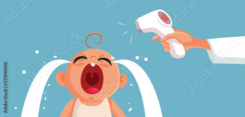 Mom Checking Temperature on Her Crying Little Baby Vector Illustration. Unhappy infant suffering from cold viral illnesses having high fever 
