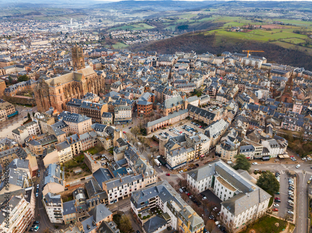 View from drone of town of Rodez with Cathedral of Notre-Dame, France..