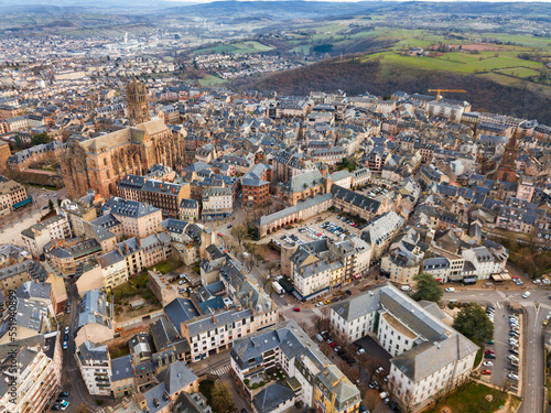 View from drone of town of Rodez with Cathedral of Notre-Dame  France..