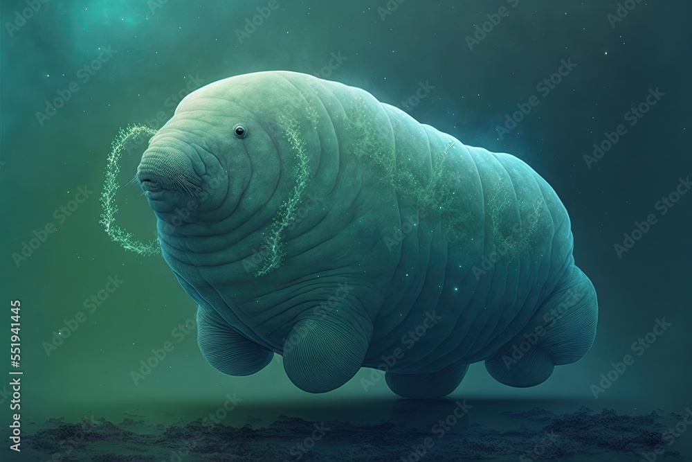 3D cartoon rendering at microscope, of funny Tardigrade, or Water Bear