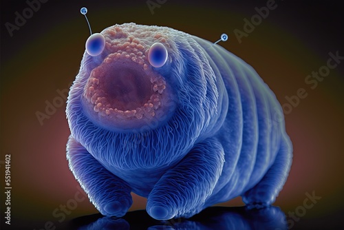 magnified Tardigrade, also known as a Water Bear. This phylum of micro-animal is considered to be the most resilient in the world, capable of enduring even the harshest of circumstances. 3d cartoon. photo