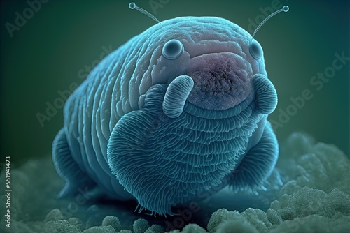 Funny Water Bear Tardigrade magnified under a microscope. Micro-animal famously known as the most enduring creature in the world, able to thrive in the most extreme environments. 3D cartoon rendering. photo