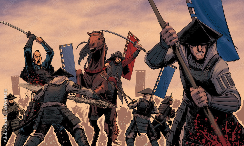 great battle between samurai in feudal japan, history of japan Stock great battle between samurai in feudal japan, history of japan Stock