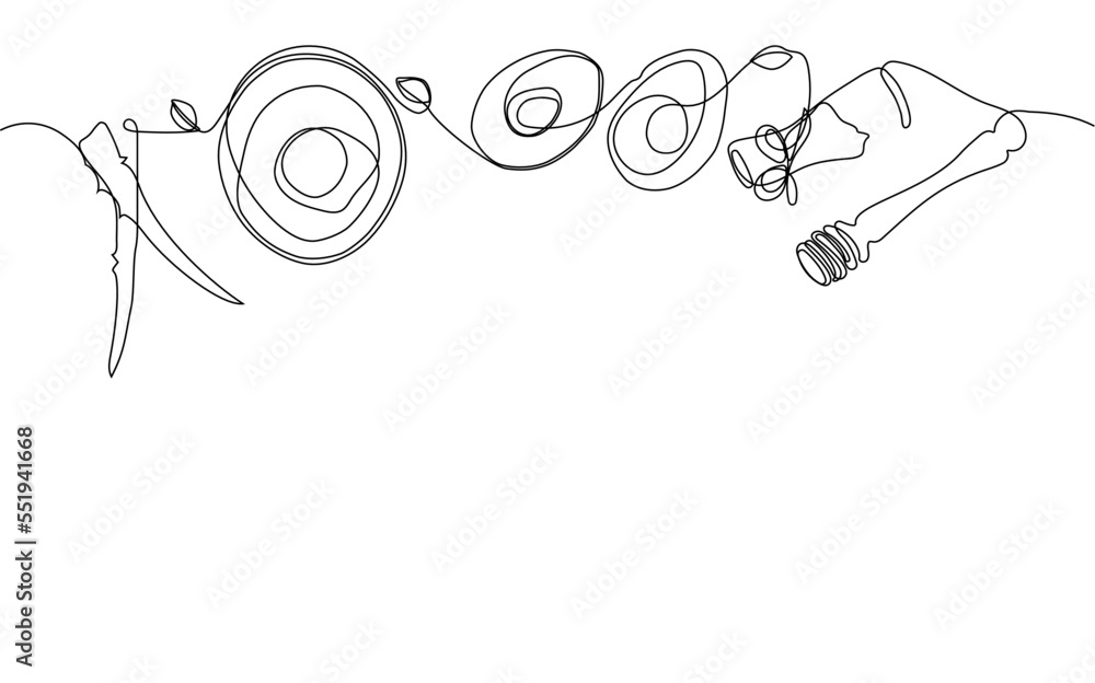 Continuous drawing of one line of bottles with oil or honey or lemon or lime juice for scrubbing and body skin care with natural herbal skin care products, top view of ingredients. Vector illustration Continuous drawing of one line of bottles with oil or honey or lemon or lime juice for scrubbing and body skin care with natural herbal skin care products, top view of ingredients. Vector illustration
