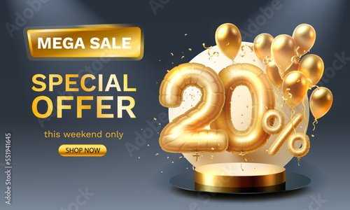 Special offer Sale 20 ballon, mega sale golden podium, black background. Vector