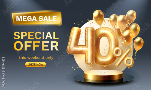 Special offer Sale 40 ballon, mega sale golden podium, black background. Vector