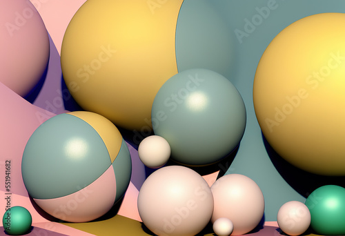 3d render. Geometric shapes Pastel spheres abstract background