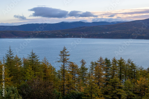 Picturesque evening autumn landscape. View of larch forest, sea bay and mountains. A village on the coast in the distance. Autumn season. Beautiful northern nature. Magadan region, Siberia, Russia.