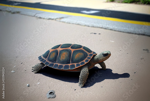 a cute turtle strolls during the afternoon on asphalt. Generative AI