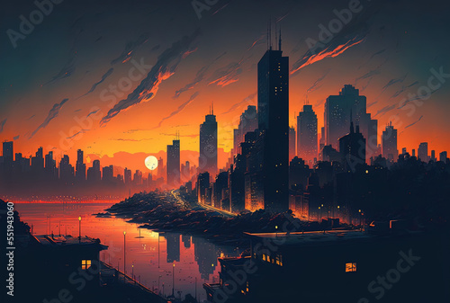 a city's landscape at dusk. Generative AI