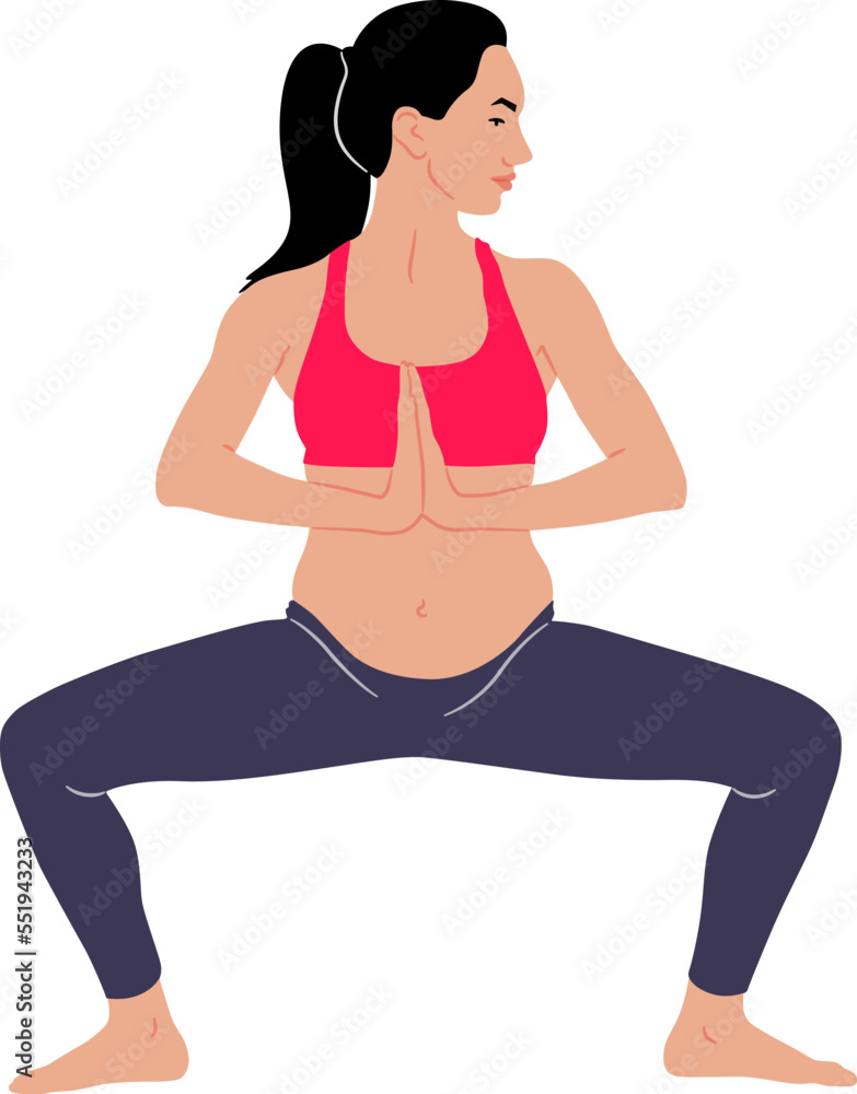 Hand-drawn pregnant woman doing exercise wearing leggings and a top. Vector flat style illustration isolated on white. Full-length view Hand-drawn pregnant woman doing exercise wearing leggings and a top. Vector flat style illustration isolated on white. Full-length view