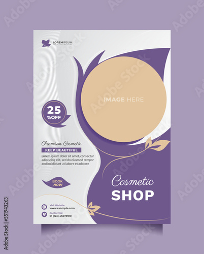 Beauty cosmetic center template flyer and brochure with a4 size. Beautiful vector poster and banner design to promote cosmetics sale, beautician, healthy skin clinic, medical spa, natural product, etc