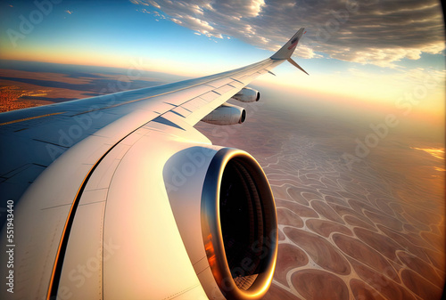 During takeoff or landing, a view of an airplane's wing. Generative AI photo