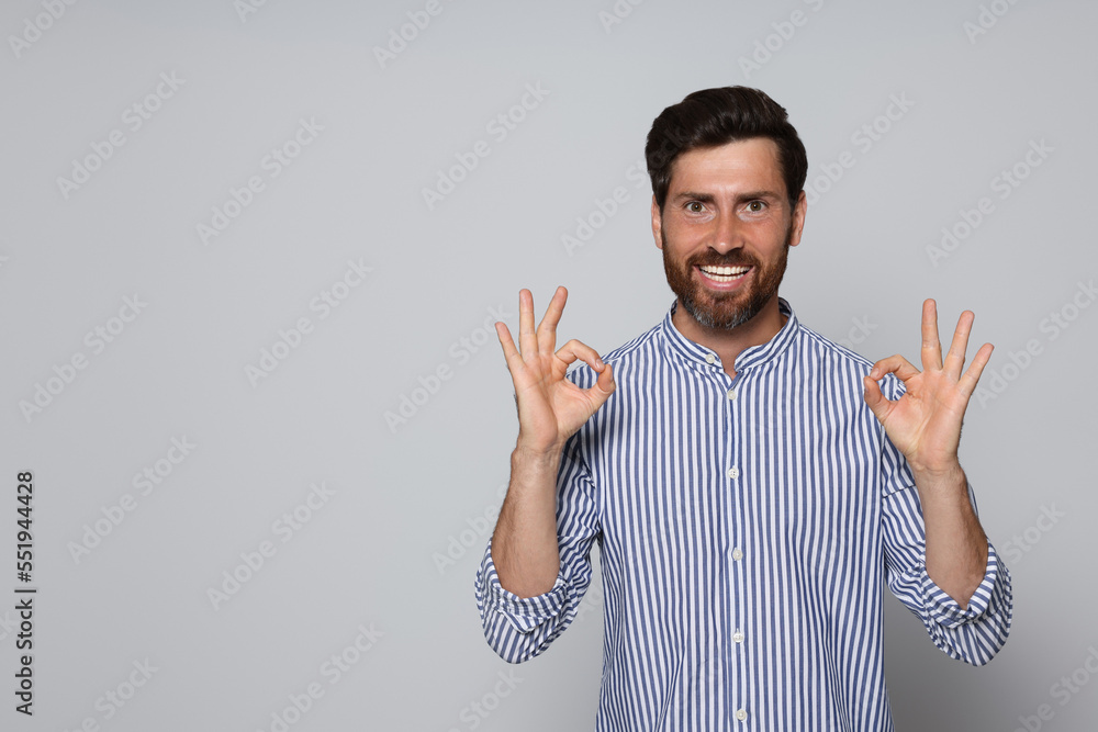 Portrait of bearded man on grey background. Space for text Portrait of bearded man on grey background. Space for text