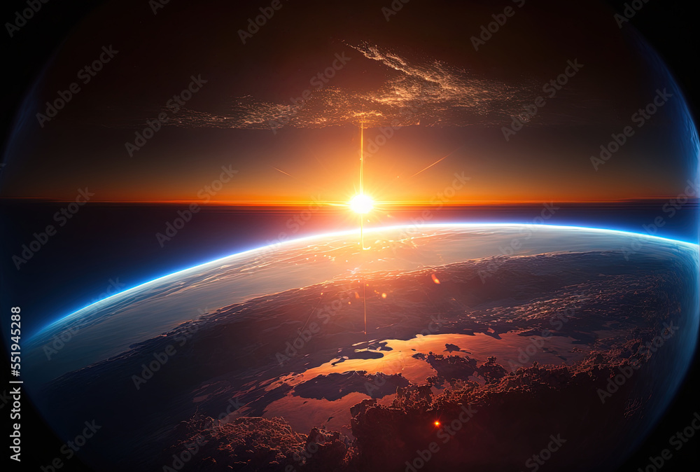 sunrise in space over the globe Earth. Generative AI