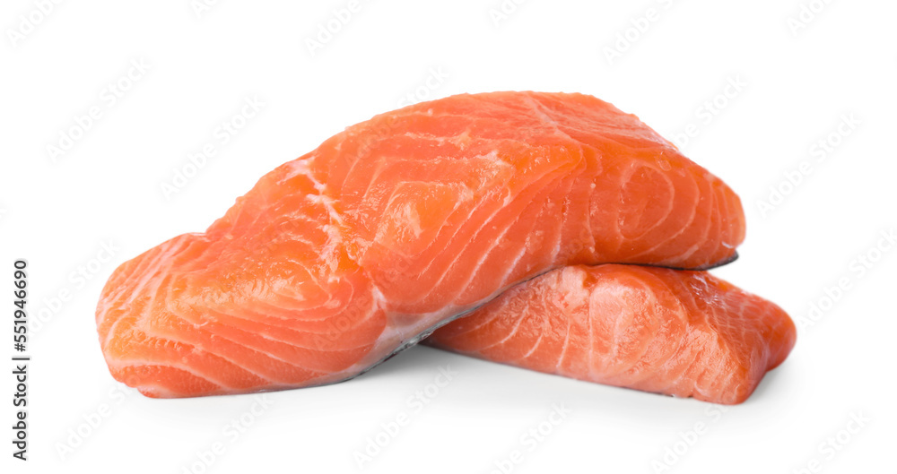 Pieces of fresh raw salmon isolated on white Pieces of fresh raw salmon isolated on white