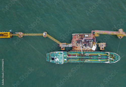 Cargo tanker ship marine vessel docking and oversea berth mooring platform for petroleum and crude oil industry from top view