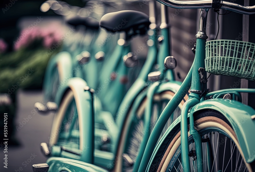 Obraz premium Close up of a row of bicycles. Generative AI