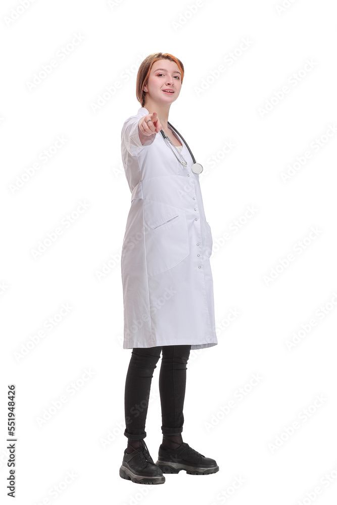 Front view of attractive happy smiling female doctor physician nurse standing with arms crossed