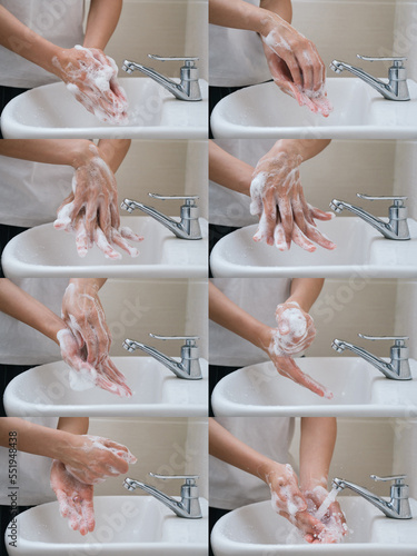 Lady washing hand with soap and water to prevent the spread of bacteria and virus. Personal hygiene concept. Hand wash intruction. Wash hand in basin. Corona virus prevention.. photo