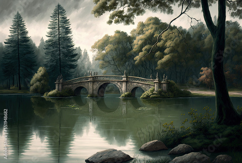 On an overcast day  a wide image of a lake in a park with trees and a stone bridge is seen. Generative AI