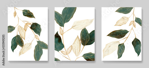 Luxury art background with leaves on the branches of a tropical tree in white and green tones in gold line. Botanical hand drawn print set for decor, print, textile, wallpaper, interior design