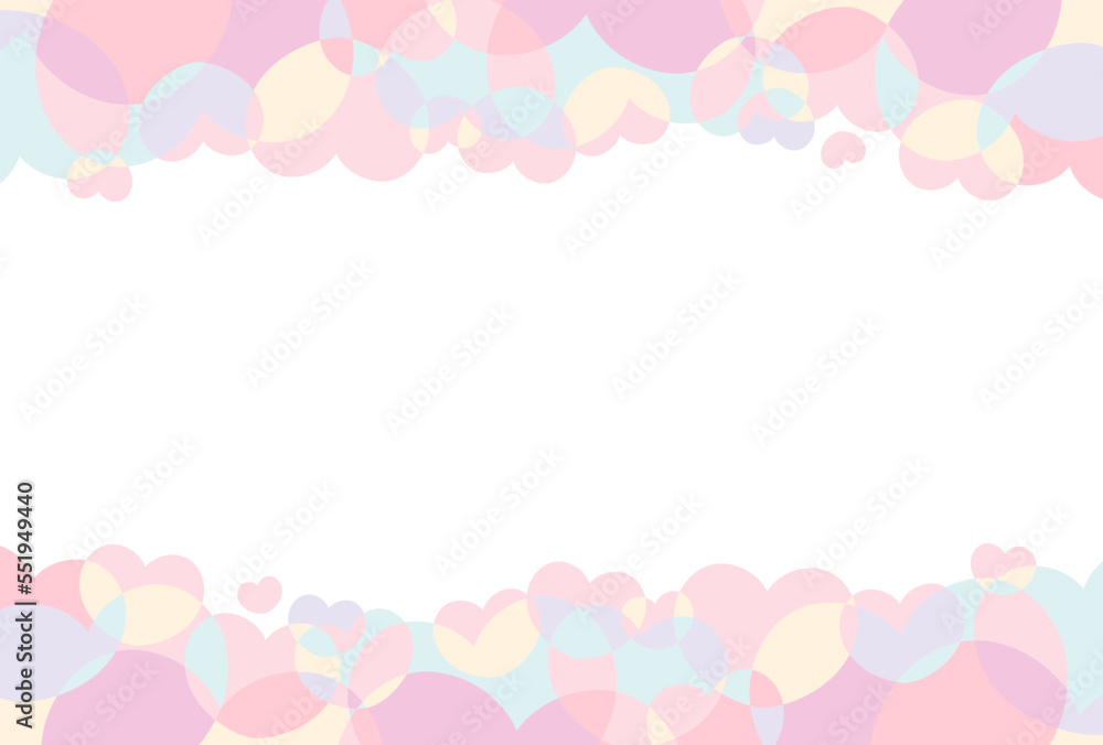 Vector illustration of cute pastel colors frame on white background. Kawaii pale pink and light blue hearts. Anniversary card design such as Valentine's day, Birthday and Wedding.