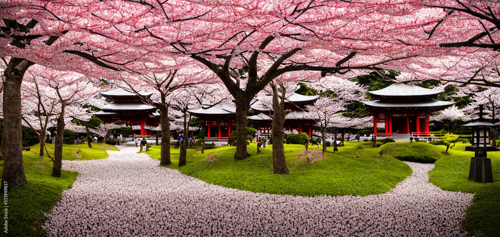 Japanese garden with cherry blossoms Stock Illustration | Adobe Stock