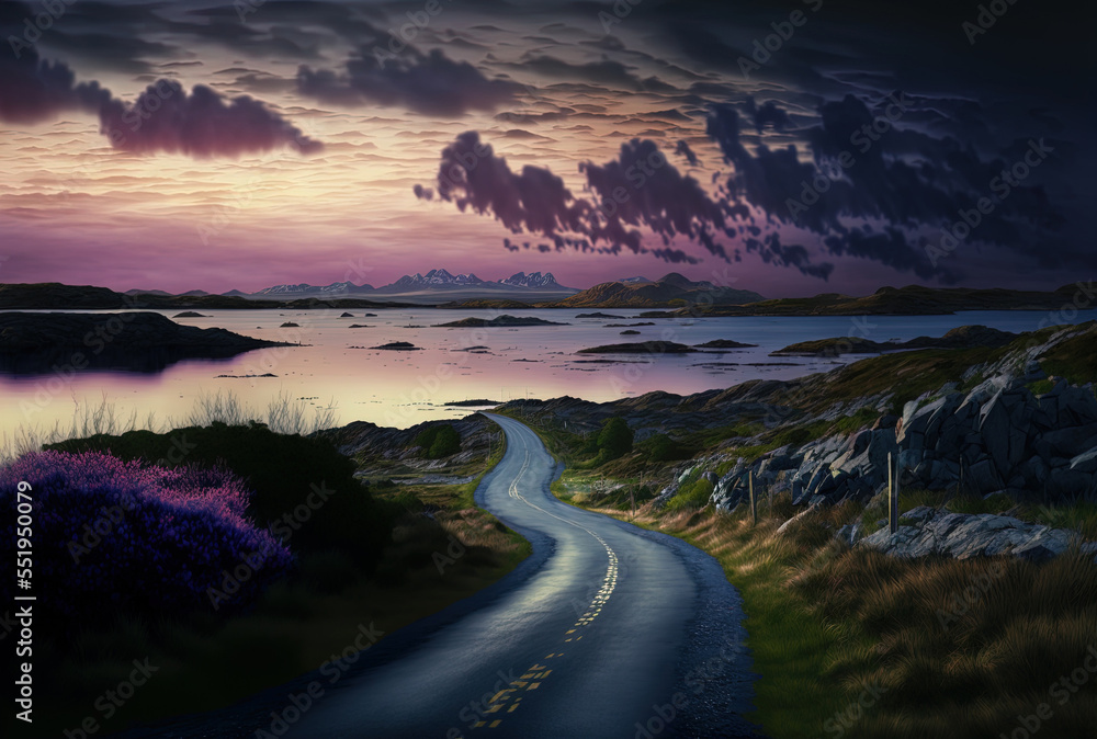 At dusk near clifden, Ireland, a view of the sky road and the surrounding sea. Generative AI