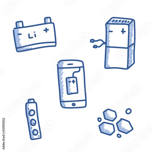 Lithum-ion battery doodle style icon set, device rechargeable batteries concept, Li-ion vector icons, LiPo accu emblems, hand drawn accumulator isolated on white background