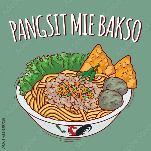 Pangsit mie bakso illustration Indonesian food with cartoon style