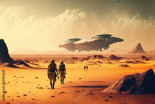 military personnel strolling across the desert. A massive alien mothership is visible in the distance, hovering in space. digital paintings and illustrations. Generative AI