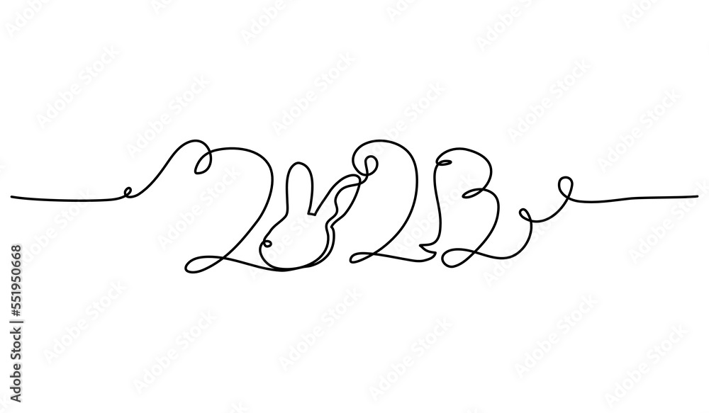 2023 continuous line design and rabbit combination. New year celebration concept design. Decorative elements drawn on a white background. 2023 continuous line design and rabbit combination. New year celebration concept design. Decorative elements drawn on a white background.