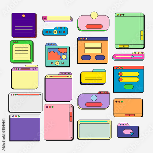 90s retro vaporwave aesthetics digital screen user interface. Cute old computer UI elements, nostalgic pc icons, and dialog boxes vector set. Illustration of computer screen 90s