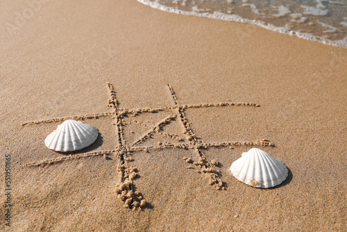 Playing Tic tac toe game with shells on sand near sea. Space for text