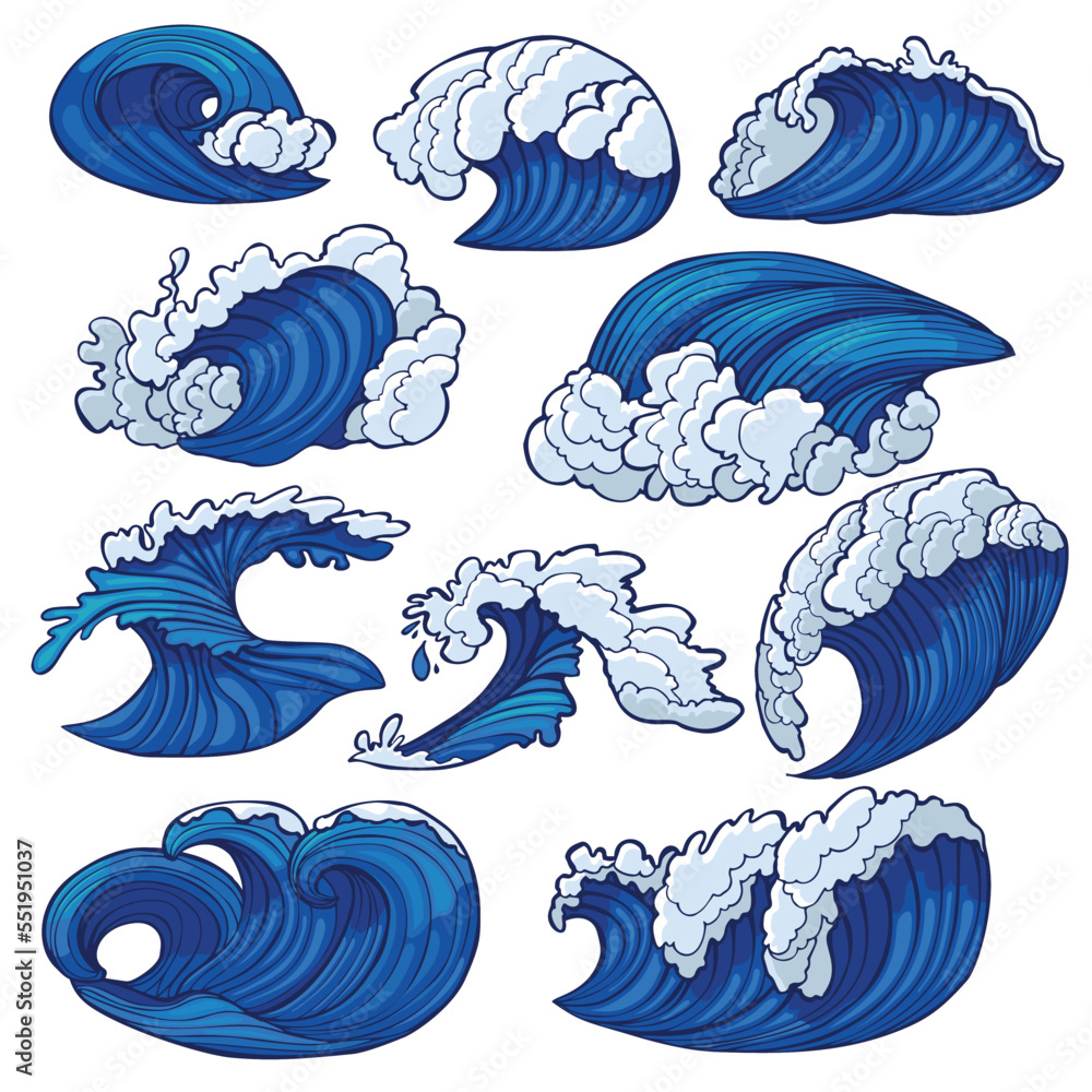 Graphic Hand Drawn Color Sea Wave Set Stock Vector | Adobe Stock