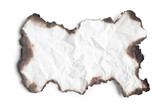 Piece of crumpled paper with dark burnt borders on white background, top view. Space for text