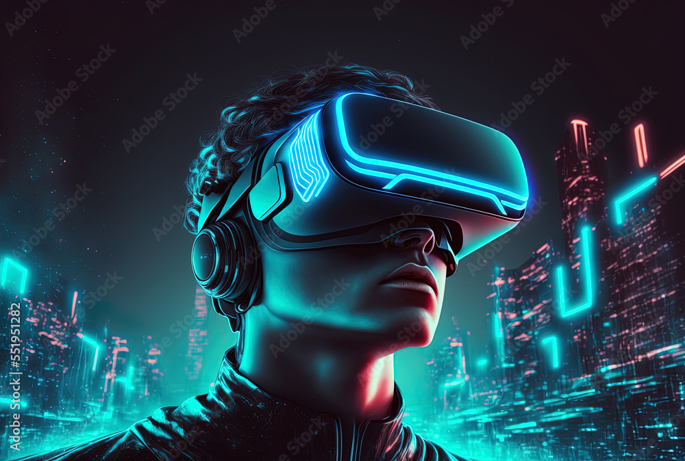 Future technology idea of neon digital virtual reality with artificial