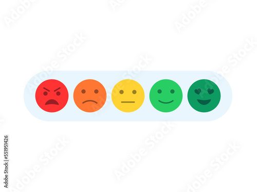 Feedback with funny flat style emoji emoticon smiley icons. Level of satisfaction rating. Feedback in form of emotions. Vector illustration