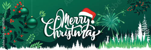 Merry Christmas banner with winter theme snow design background. Christmas ornaments calligraphy with Santa hat and red green leaves with Snowflakes pine trees fireworks. Vector Illustration.