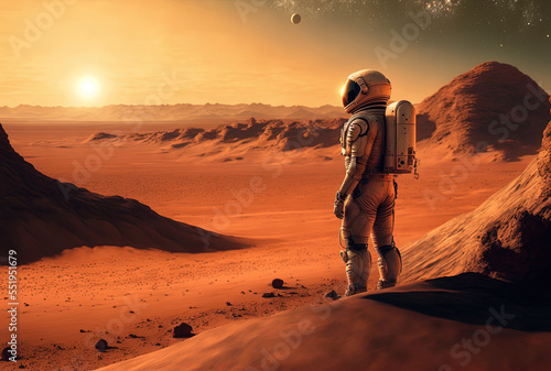 An astronaut on Mars is shown in the background gazing at the planet. Generative AI