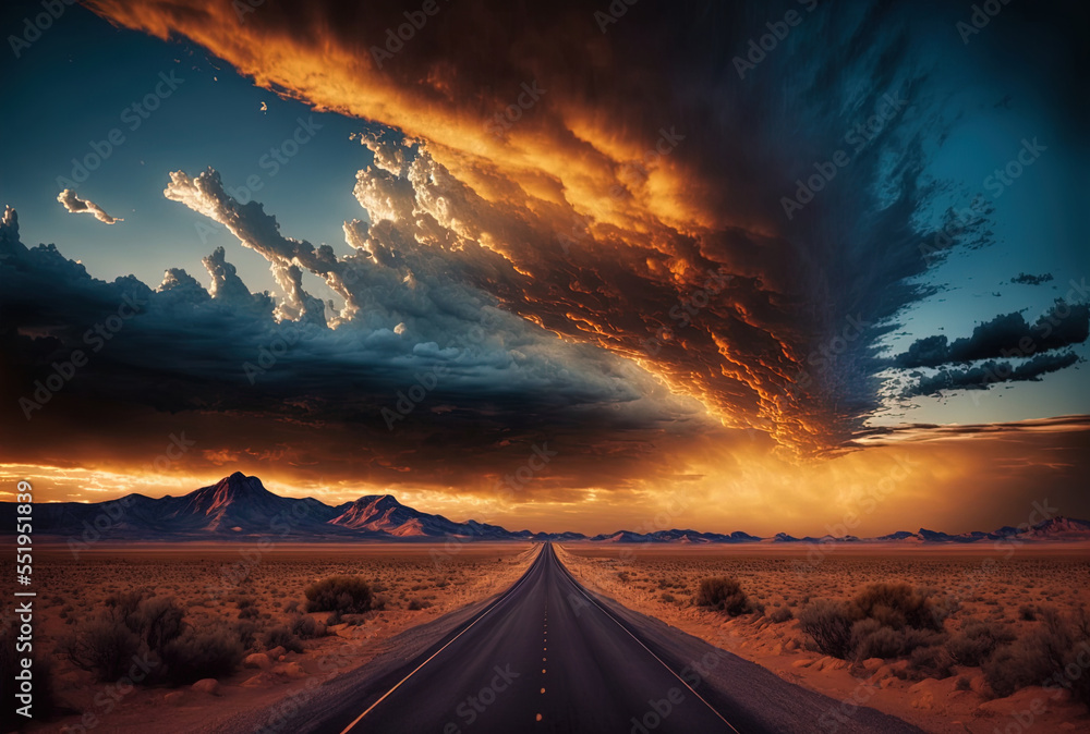 Fototapeta premium lonesome road with a magnificent sky in the distance. Generative AI