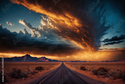 lonesome road with a magnificent sky in the distance. Generative AI