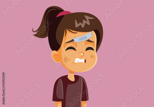 Little Girl Suffering an Injury Wearing a Medical Plaster. Hurt child having an accident feeling upset and in pain
