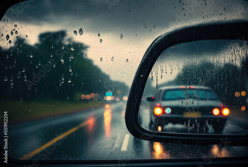 Behind the vehicle window on a rainy day. Generative AI