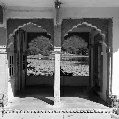 Historic Sukh Mahal in monochrome, located in Bundi city, Rajasthan. photo